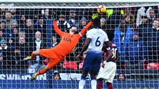 Branká Tottenhamu Hugo Lloris zasahuje bhem zápasu proti Newcastlu.