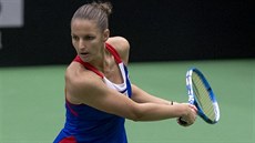 Karolína Plíková se napahuje k bekhendu v utkání Fed Cupu proti Rumunsku. 