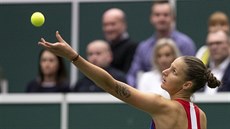 Karolína Plíková si nadhazuje míek na podání v utkání Fed Cupu proti...