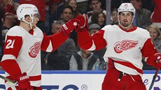 Detroittí hokejisté Dennis Cholowski (vlevo) a Dylan Larkin oslavují vstelený...