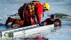 Profesionální hasii z eských Budjovic cviili záchranu lidí, pod kterými se...