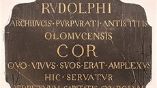 Deska ve stn krypty dómu sv. Václava v Olomouci, která kryje místo, kde je...