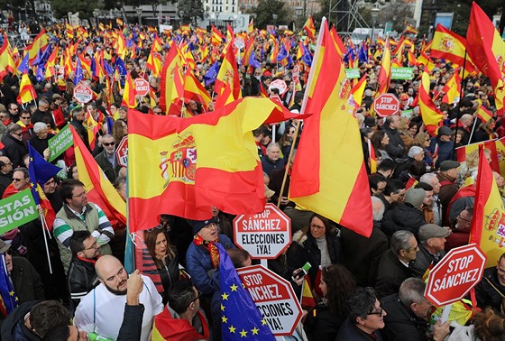 �pan�lé protestují v centru Madridu proti levicové vlád� Pedra Sáncheze. (10....