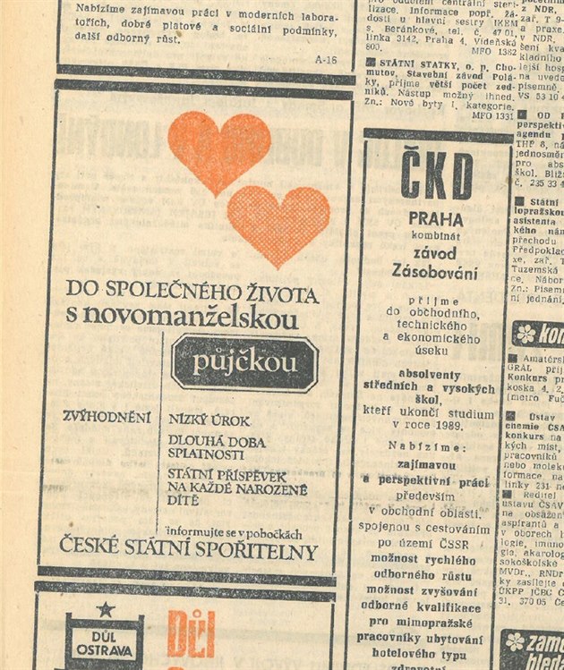 Na snímku je výez z inzertní stránky deníku Mladá fronta z února 1989.