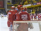 Třinečtí hokejisté gratulujíc brankáři Šimonu Hrubcovi po výhře v Litvínově.