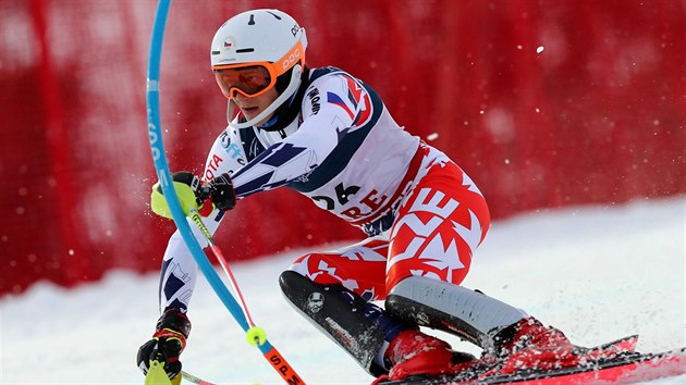 Jan Zabystřan na trati kombinačního slalomu na mistrovství světa v Aare.