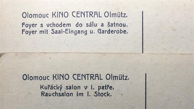 Rub reklamních a upomínkových pohlednic z olomouckého kina Central z 20. let 20. století. Promítalo v dnešním sídle Muzea umění v Denisově ulici.