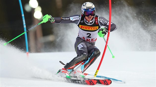 Henrik Kristoffersen v prvnm kole slalomu na mistrovstv svta v Aare.