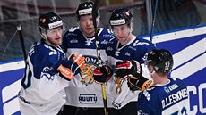 Finští hokejisté se radují z branky v utkání proti Švédsku na Švédských hrách.