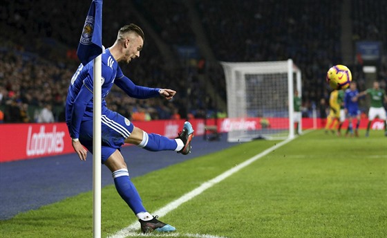 James Maddison z Leicesteru zahrává rohový kop v duelu s  Brightonem.