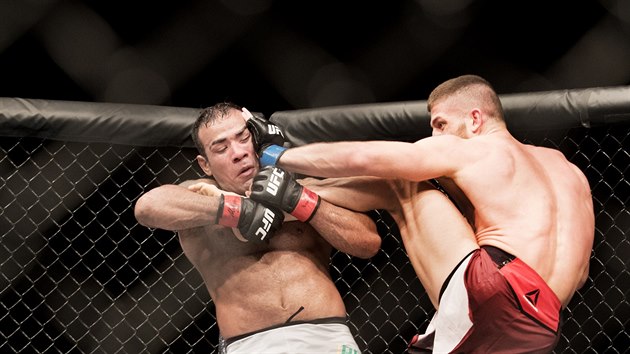 Brazilsk zpasnk MMA Michel Prazeres (vlevo) zpas s Ismailem Naurdievem z Rakouska.