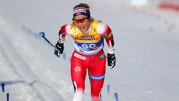 Norsk bkyn na lych Theresa Johaugov  v cli zvodu na 10 km klasickou technikou.