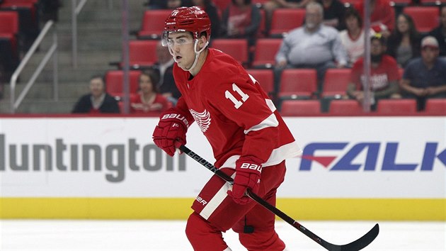 esk tonk ve slubch Detroitu Filip Zadina bhem ppravnho duelu ped startem NHL