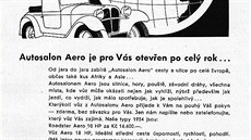 Reklama na automobily znaky Aero z roku 1934. Krom malých typ Aero 10 HP, 18...