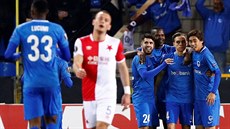 Fotbalisté Genku se radují z brzkého vedení nad Slavií v odvetném duelu...