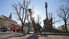 Kácení strom kolem morového sloupu na jihlavském Masarykov námstí.