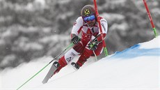 Rakouský lya Marcel Hirscher na trati obího slalomu v Bansku