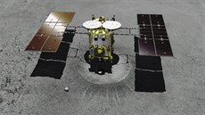 Ilustrace bezpilotní kosmické sondy Hajabusa 2 u asteroidu Rjugu