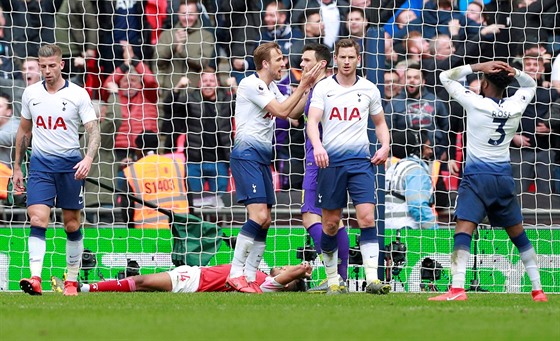 NAPÍNAVÝ ZÁVR. Harry Kane z Tottenhamu dkuje Hugovi Llorisovi, jen v závru...