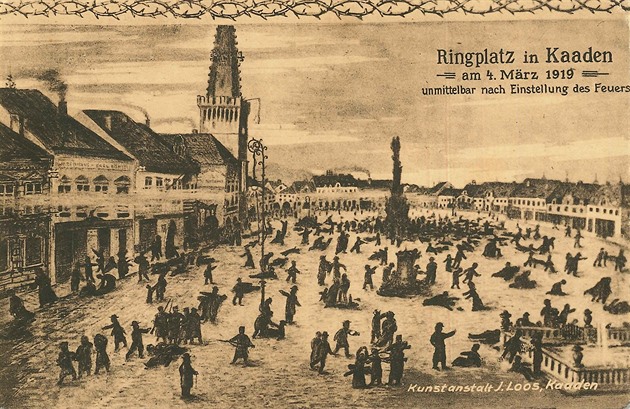 Pohlednice s kresbou události ze 4. bezna 1919, kdy po stelb do demonstrant...