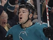 Tomáš Hertl ze San Jose se raduje z gólu v zápase s Chicagem.
