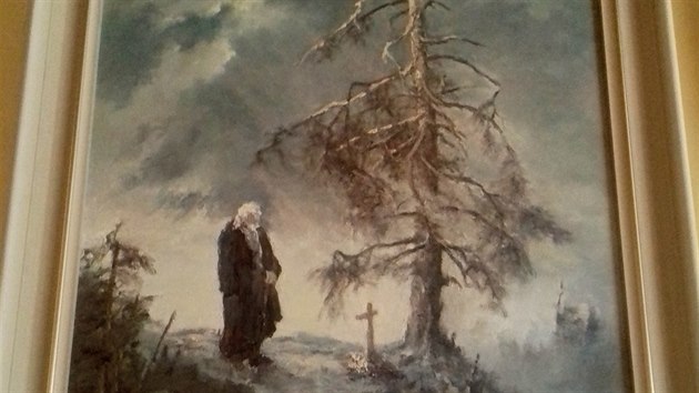 Obraz Jana Satiny z Ostravice. Mu na milou, kterou pod stromem zabil blesk, ani ve st nezapomnl.