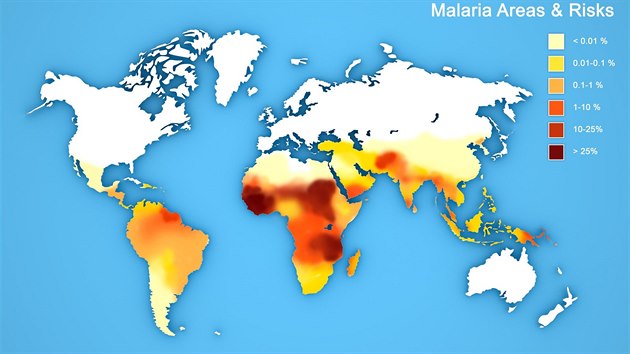 Vskyt malrie: erven barva zna vysok riziko.