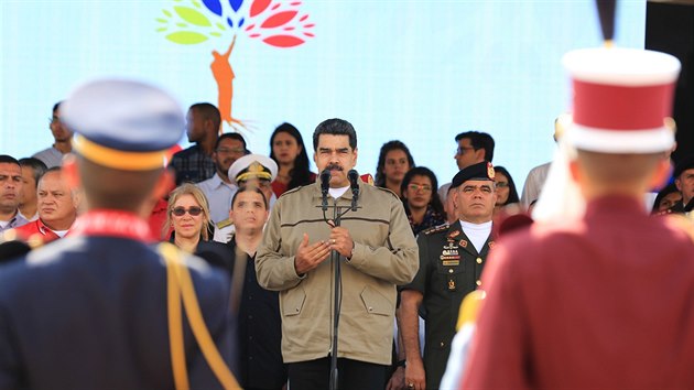 Venezuelsk prezident Nicols Maduro na ceremonilu k pleitosti estho vro mrt bvalho venezuelskho prezidenta Huga Chavze. (6. bezna 2019)