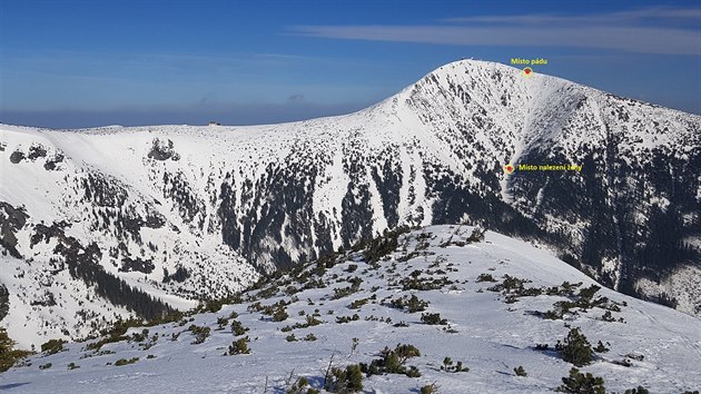 Fotografie s popisky zobrazuje msto, kde zasahovala horsk sluba po pdu turist (7.3.2019).