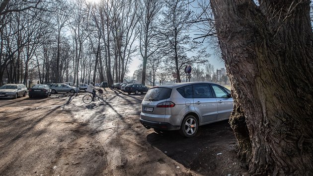 Málo parkovacích míst ve Fakultní nemocnici v Hradci Králové nutí řidiče parkovat mezi stromy na nábřeží Labe.