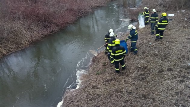 Auto u Třebechovic pod Orebem sjelo ze silnice a skončilo v řece (2.3.2019).