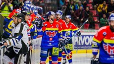 Gólová radost hokejist eských Budjovic v utkání s Havíovem.