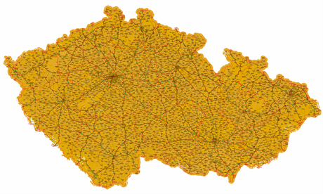 Mapa pokrytí signálem DVB-T2 na konci roku 2018.