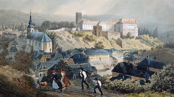 Brtnický collaltovský hrad a zámek na romantické kresbě Augusta Hauna z roku...