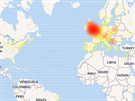 Pokraující výpadek Facebooku 14.3. v 10:43. Na map je dobe vidt, e...