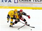Hokejový zápas mezi Vsetínem (ve lutém) a Prostjovem.