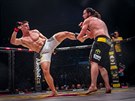 eský zápasník MMA Milo Petráek (vlevo) kope do Ameriana Jeremyho Kimballa.