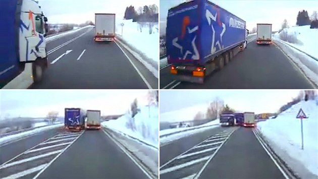 Záběry z nebezpečného manévru českého řidiče kamionu, který se při předjíždění na německé silnici málem střetl s autobusem, v němž jely děti. (22. ledna 2019)