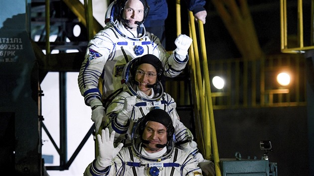 Start Sojuzu FG na ISS 14.3.2019. Posdku tvo Amerian Nick Hague, Amerianka Christina Kochov a Rus Alexej Ovinin.
