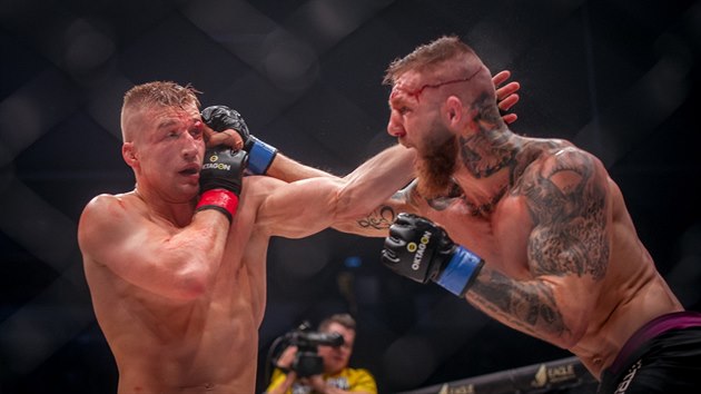 ZUIVOST. Slovensk zpasnk MMA Samuel Kritofi (vpravo) se pustil od eskho ampiona Davida Kozmy.