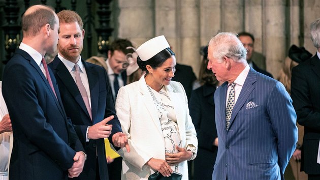 Princ William, princ Harry, vvodkyn Meghan a princ Charles (Londn, 11. bezna 2019)