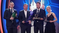 Vítzové ankety Fotbalista roku 2018: zleva Talent roku David Lischka, Trenér...
