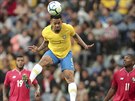 Brazilec Gabriel Jesus (ve lutém) hlavikuje v pípravném utkání s Panamou.