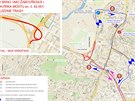 Mapa uzav�rky mostu mezi �abov�eskou a Kn�ni�skou ulic� v Brn� s vyzna�en�mi...