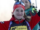 Slovenská biatlonistka Paulina Fialková se raduje ze tetího místa v sprintu v...