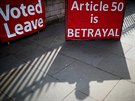 A pro-Brexit supporter holds a placard outside the Houses of Parliament,...