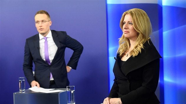 Finalist pmch voleb slovenskho prezidenta Zuzana aputov a Maro efovi se utkali v televizn debat na TV Markza. (26. bezna 2019)