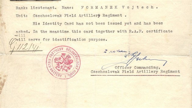 Dočasný doklad totožnosti po přechodu k dělostřelectvu, 1941.