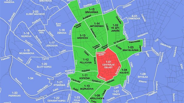 Brněnští radní  schválili novou koncepci rezidentního parkování. Město bude rozděleno na tři oblasti, podle barev červenou, zelenou a modrou.