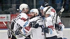 Plzeňští hokejisté oslavují gól v pátém čtvrtfinálovém utkání proti Olomouci.